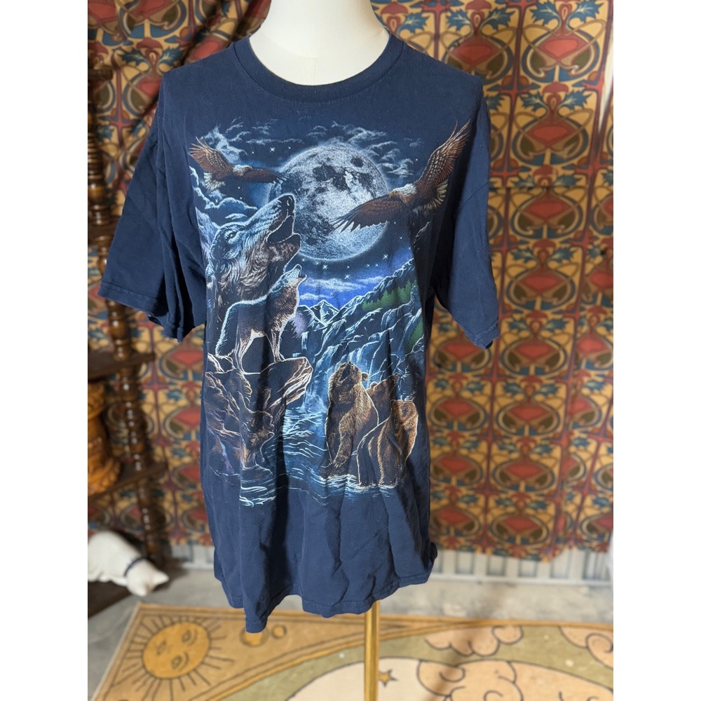 Gildan Wolves Eagles‎ Nature Graphic Print Navy Blue T-Shirt Mens L